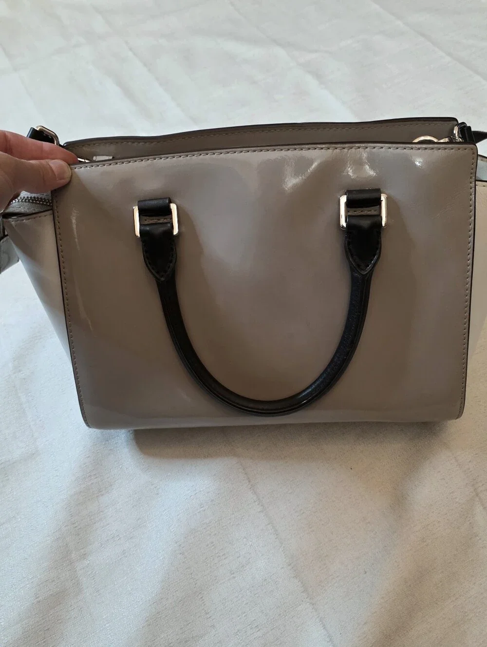 Michael Kors Selma Medium Patent Leather Satchel Crossbody Dark Cement Gray